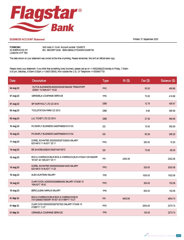 Download Flagstar Bank organization account statement Word and PDF template Photoshop template